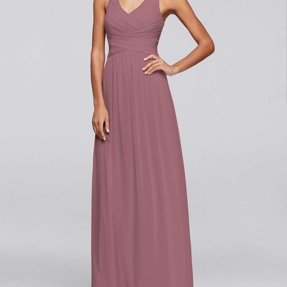 David's Bridal, Mesh Long Bridesmaid Dress with Crisscross Back (W10974)
